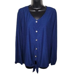 New York Laundry navy blue Swiss dot lace back tie front top 1x